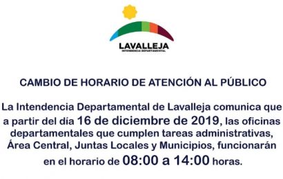 03.12.2019 Este 16 de diciembre comenzará a regir nuevo horario de atención en la Intendencia